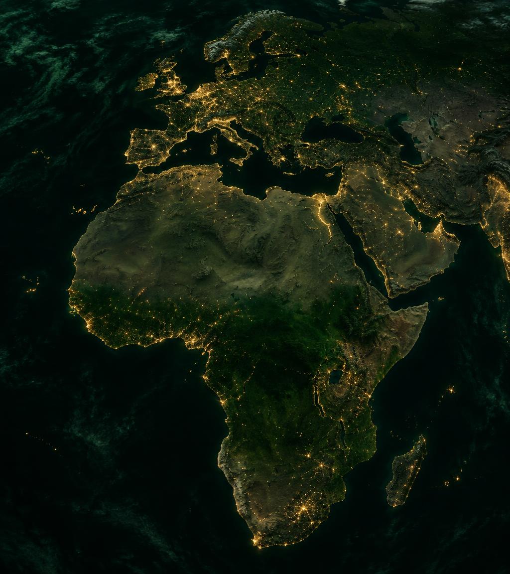 Illuminated map showing Europe and Africa as one connected infrastructure platform